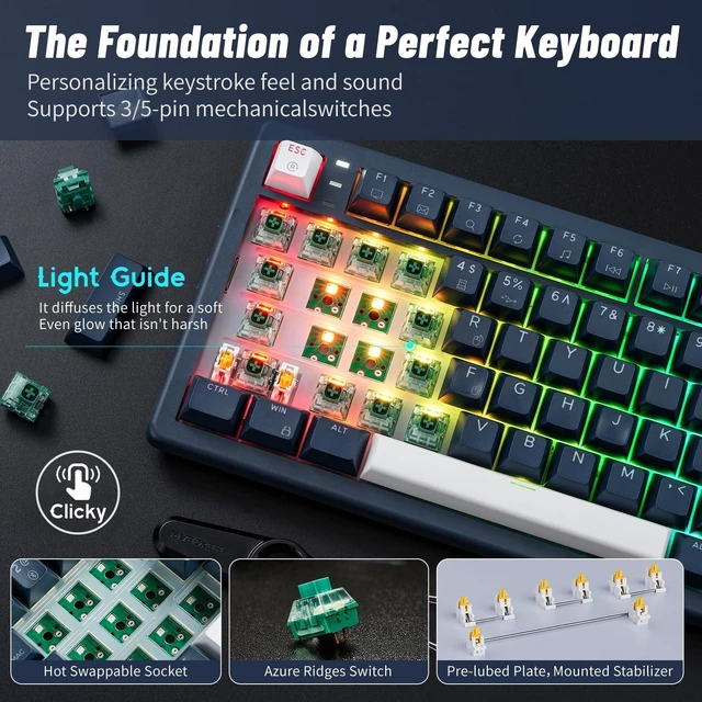 Alt view image 4 of 7 - Wireless Mechanical Keyboard with Number Pad,Wrist Rest,Gasket Structure,Tri-Mode BT5.0/USB-C/2.4GHz Hot Swappable Keyboard,Creamy Sound,RGB Backlit,Computer Gaming Keyboards(Clicky Switch)