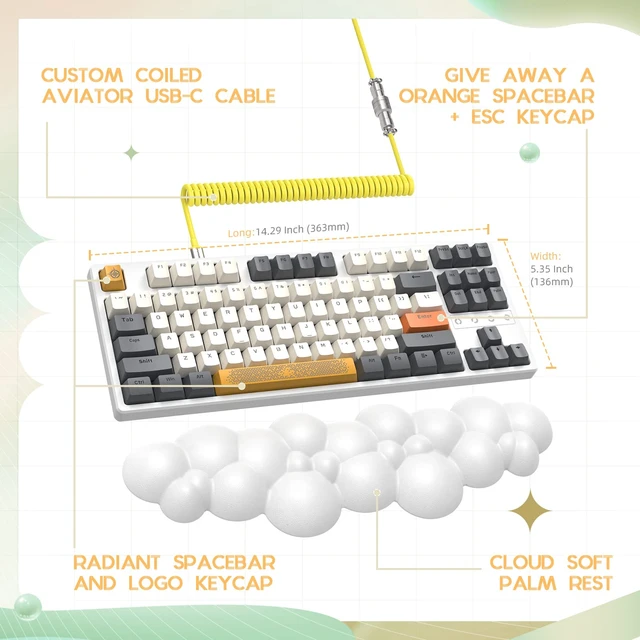 Alt view image 4 of 7 - Gaming Keyboard and Wrist Rest Pad and Custom Coiled USB C Cable,Triple Mode TKL Hot Swappable Tactile Switches,LIGHTSYNC RGB,Mechanical Keyboard Palm Rest for PC PS5 PS4 Xbox Mac-3 in 1 Kit
