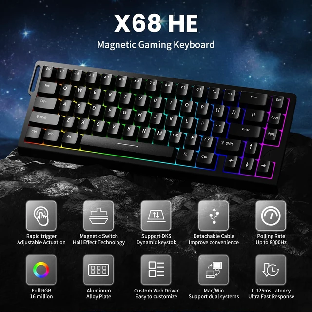 Alt view image 2 of 7 - X68 HE 8000Hz Rapid Trigger Keyboard, 0.01mm RT Accuracy Wired Gaming Keyboard with Magnetic Switch, Adjustable Actuation, Rapid Trigger, Snap Tap, RGB Lighting for PC/Mac, Black