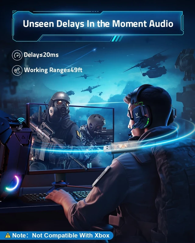Alt view image 2 of 7 - Wireless Gaming Headset for PS5, PC, PS4, Mac, Switch, 2.4GHz Low Latency USB Dongle, Bluetooth 5.4 Headset with Noise Cancelling Mic, 50mm 3D Audio Driver, RGB Lights, 50H Battery