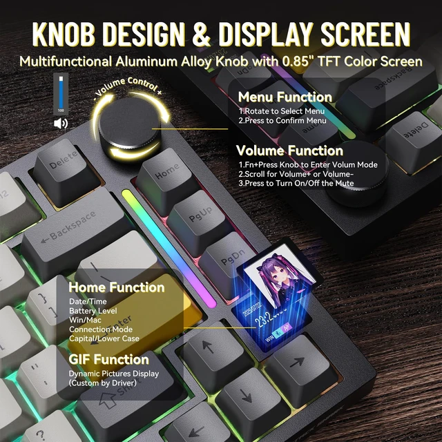 Alt view image 5 of 7 - X820ULTRA Wireless Gaming Mechanical Keyboard with TFT Smart Display&Knob,PBT Keycaps,Gasket Mounted 75% TKL Keyboard,BT5.0/2.4GHz/USB-C,RGB Backlit for PCStarry Black Shark Switch
