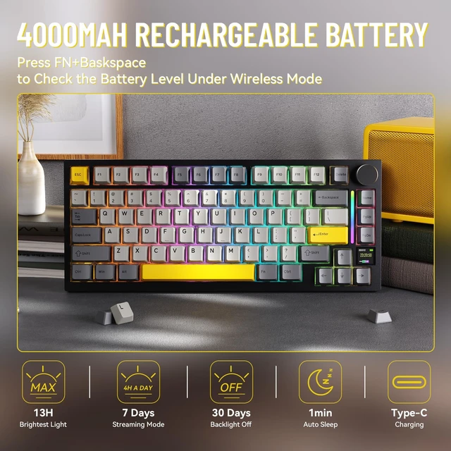 Alt view image 7 of 7 - X820ULTRA Wireless Gaming Mechanical Keyboard with TFT Smart Display&Knob,PBT Keycaps,Gasket Mounted 75% TKL Keyboard,BT5.0/2.4GHz/USB-C,RGB Backlit for PCStarry Black Shark Switch