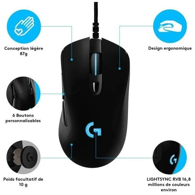 Alt view image 3 of 5 - G403 Hero Wired Gaming Mouse, Hero 16K Sensor, 16000 DPI, RGB Backlit Keys, Adjustable Weights, 6 Programmable Buttons, On-Board Memory, Braided Cable, PC/Mac/Laptop - Black