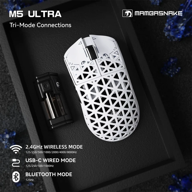 Alt view image 2 of 7 - M5 Ultra Carbon Fiber 8000Hz Wireless Gaming Mouse, 39g Superlight, 42000DPI, PAW3950MAX Sensor, Nordic 52840 Chip, Bluetooth/2.4G/USB-C Wired Mice wih Coiled Cable for PC/Mac (White)