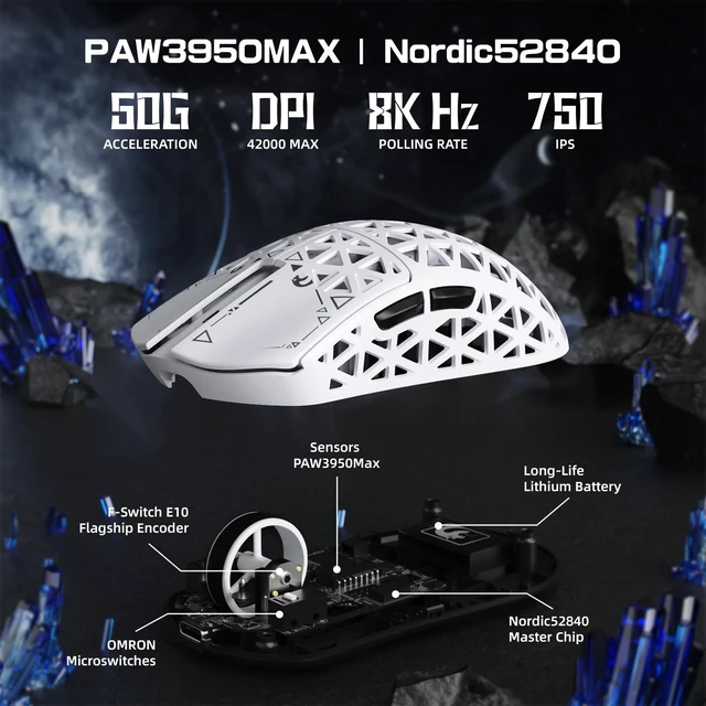 Alt view image 5 of 7 - M5 Ultra Carbon Fiber 8000Hz Wireless Gaming Mouse, 39g Superlight, 42000DPI, PAW3950MAX Sensor, Nordic 52840 Chip, Bluetooth/2.4G/USB-C Wired Mice wih Coiled Cable for PC/Mac (White)