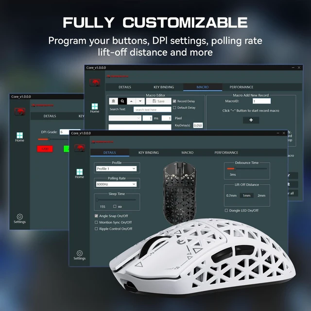 Alt view image 7 of 7 - M5 Ultra Carbon Fiber 8000Hz Wireless Gaming Mouse, 39g Superlight, 42000DPI, PAW3950MAX Sensor, Nordic 52840 Chip, Bluetooth/2.4G/USB-C Wired Mice wih Coiled Cable for PC/Mac (White)