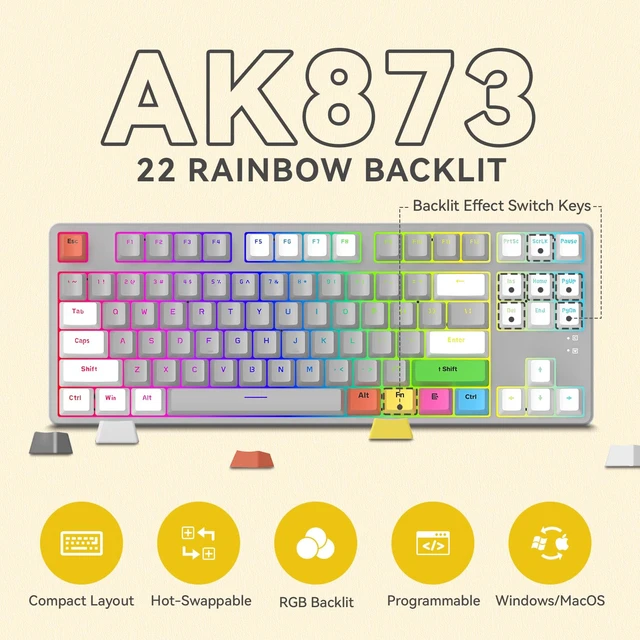 Alt view image 5 of 7 - AK873 75% Wired Mechanical Gaming Keyboard with red Switch,Hot-Swappable Keyboard with 8Pcs DIY Sublimation Color keycaps,Mixed Rainbow LED Backlit for PC Xbox PS4Mac (White Grey)