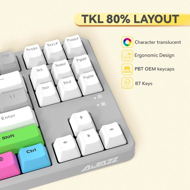 Alt view image 6 of 7 - AK873 75% Wired Mechanical Gaming Keyboard with red Switch,Hot-Swappable Keyboard with 8Pcs DIY Sublimation Color keycaps,Mixed Rainbow LED Backlit for PC Xbox PS4Mac (White Grey)