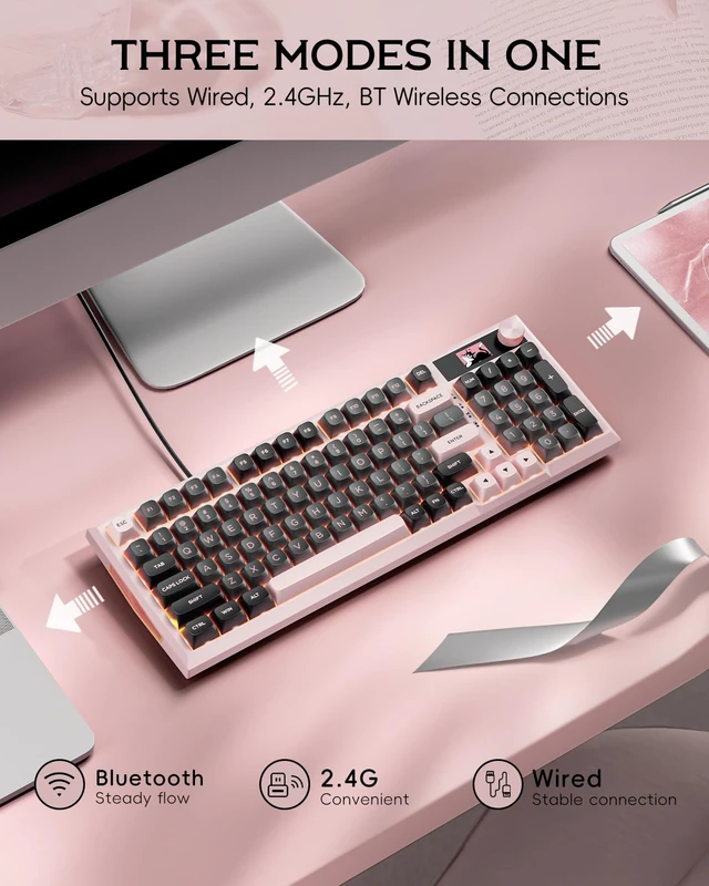 Alt view image 2 of 7 - K725 Wireless Mechanical Keyboard with LCD Screen &Knob,Light Pink | Tri-Mode 2.4G/Bluetooth/Type-C, Hot-Swap Gasket Mount,Pro Software, RGB Backlit for Gaming/Mac/Windows/Tablet/PC