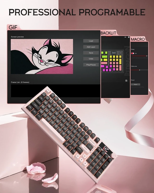 Alt view image 6 of 7 - K725 Wireless Mechanical Keyboard with LCD Screen &Knob,Light Pink | Tri-Mode 2.4G/Bluetooth/Type-C, Hot-Swap Gasket Mount,Pro Software, RGB Backlit for Gaming/Mac/Windows/Tablet/PC