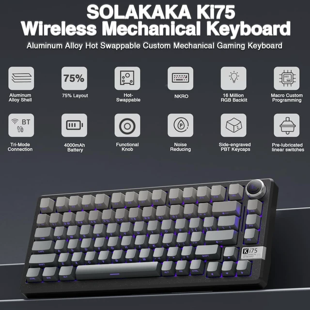 Alt view image 2 of 7 - KI75 Wireless Mechanical Gaming Keyboard, 75% Percent Aluminum Hot Swappable Switches, Side-Printed RGB Backlit Custom Keyboard with Knob, Tri-Mode 2.4GHz/USB-C/BT 5.0 for PC