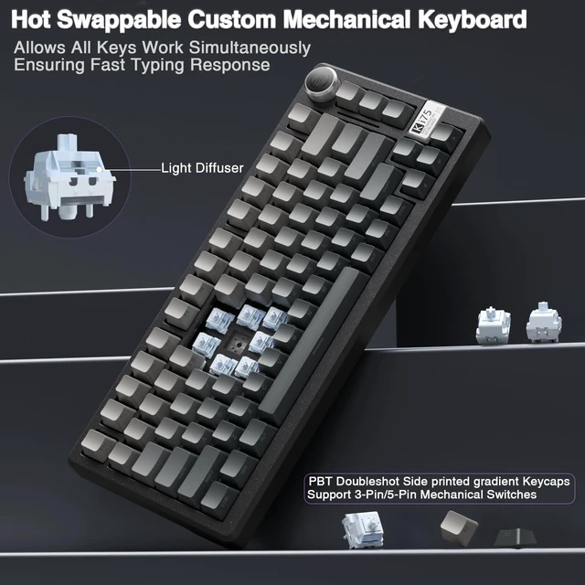 Alt view image 5 of 7 - KI75 Wireless Mechanical Gaming Keyboard, 75% Percent Aluminum Hot Swappable Switches, Side-Printed RGB Backlit Custom Keyboard with Knob, Tri-Mode 2.4GHz/USB-C/BT 5.0 for PC