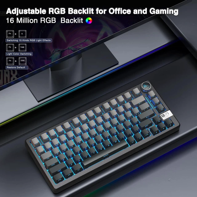 Alt view image 6 of 7 - KI75 Wireless Mechanical Gaming Keyboard, 75% Percent Aluminum Hot Swappable Switches, Side-Printed RGB Backlit Custom Keyboard with Knob, Tri-Mode 2.4GHz/USB-C/BT 5.0 for PC