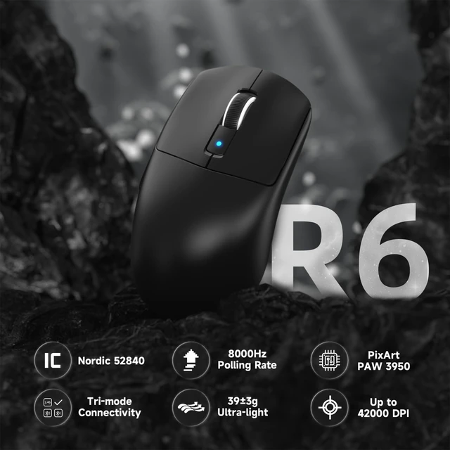 Alt view image 2 of 7 - R6 39g Lightweight Wireless Gaming Mouse - Black | PixArt PAW3950MAX 42000 DPI, MCU Nodic 52840 Computer Mouse, 8K Web Driver, BT/2.4Ghz/Wired Tri-Mode Mice with Coiled Cable