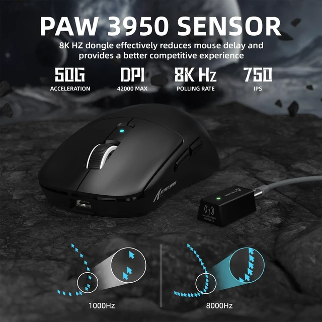 Alt view image 4 of 7 - R6 39g Lightweight Wireless Gaming Mouse - Black | PixArt PAW3950MAX 42000 DPI, MCU Nodic 52840 Computer Mouse, 8K Web Driver, BT/2.4Ghz/Wired Tri-Mode Mice with Coiled Cable