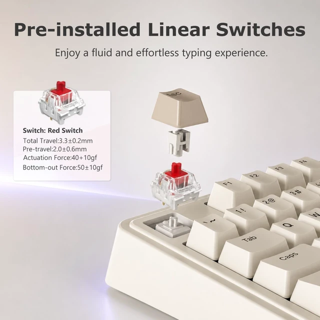 Alt view image 4 of 7 - AK980 97% Wired Mechanical Keyboard, Gasket Hot-Swappable, Pre-Lubed | Red Switches 45gf, NKRO 1000Hz, Dual-Tone Keycaps, USB-C, Retro Grey-White Numpad Full Size Control Office Quiet Typing Keys