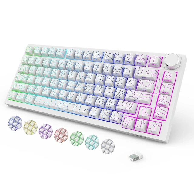 Main image of Mechanical Backlit Gaming Keyboard with Knob,Hot Swappable,White | 75% Compact,RGB Led Light,Bluetooth,2.4GHz&USB-C,Rechargeable,Tactile Switches,Clicky Sound,Multi-Device,for PC Mac Laptop