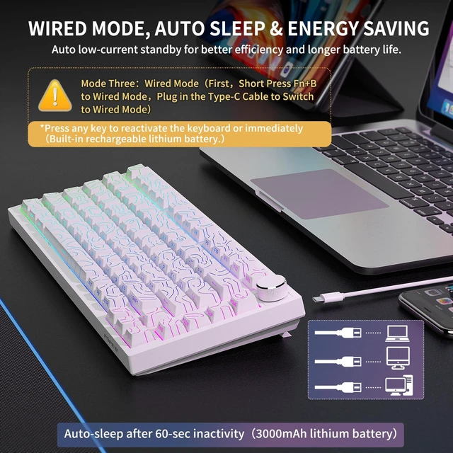 Alt view image 6 of 6 - Mechanical Backlit Gaming Keyboard with Knob,Hot Swappable,White | 75% Compact,RGB Led Light,Bluetooth,2.4GHz&USB-C,Rechargeable,Tactile Switches,Clicky Sound,Multi-Device,for PC Mac Laptop