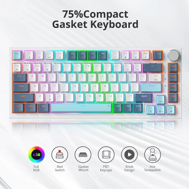 Alt view image 2 of 6 - 75 Percent Keyboard Gasket-Mounted with Sound Absorbing Pads, 82-Key Compact Wired RGB Mechanical Gaming Keyboard Hot-Swap Socket for Win, Whistle