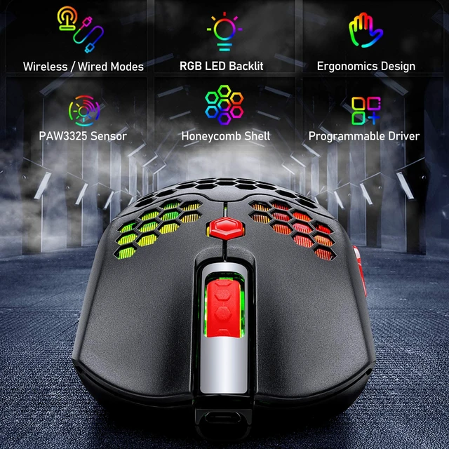 Alt view image 2 of 7 - Wired/Wireless Lightweight Gaming Mouse,16 RGB Backlit Mice with 7 Buttons Programmable Driver,PAW3325 12000DPI,Rechargeable 800mA Battery,Lightweight Honeycomb Shell Mouse for PC Gamer