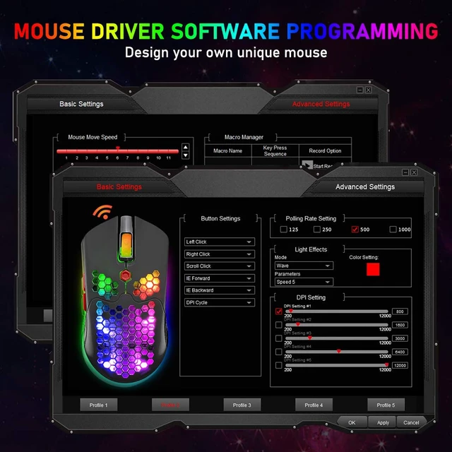 Alt view image 6 of 7 - Wired/Wireless Lightweight Gaming Mouse,16 RGB Backlit Mice with 7 Buttons Programmable Driver,PAW3325 12000DPI,Rechargeable 800mA Battery,Lightweight Honeycomb Shell Mouse for PC Gamer