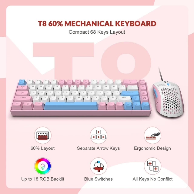 Alt view image 2 of 7 - T8PR0 Wired 65% Mechanical Gaming Keyboard and Mouse Combo-Pink | RGB Backlit,Anti-ghosting,TKL,Mini 68 Key,Coiled C to A Cable,Tactile Blue Switch,Ultralight Mice for PS4 Xbox PC Mac Gamer