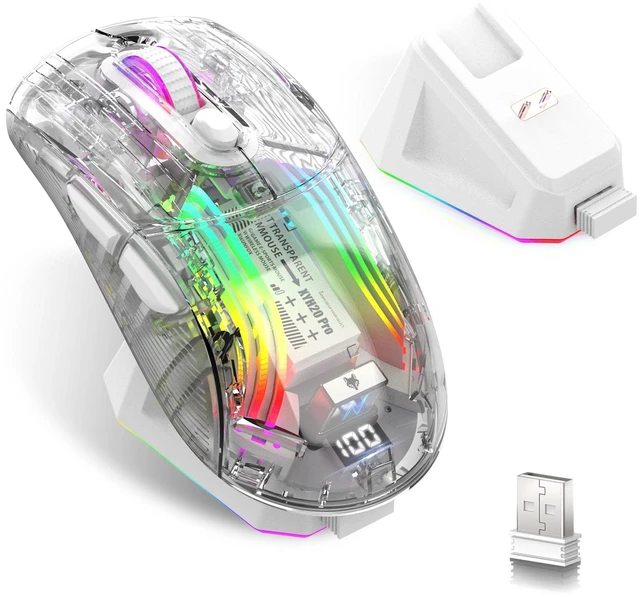 Main image of Gaming Mouse with Transparent RGB Mechanical, Tri-Mode 2.4GHz/Bluetooth/Wired Mouse, Charging Base, Digital Display,Silent Mice, 7 Buttons, Computer Mouse for Gaming and Esports (White)