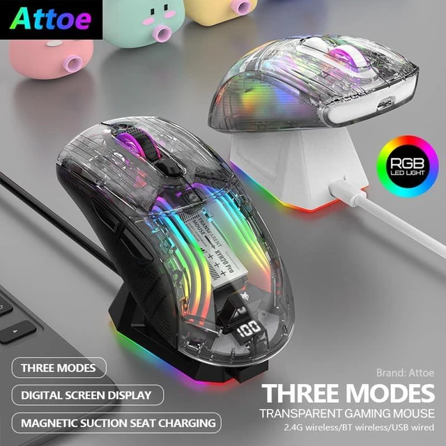 Alt view image 2 of 7 - Gaming Mouse with Transparent RGB Mechanical, Tri-Mode 2.4GHz/Bluetooth/Wired Mouse, Charging Base, Digital Display,Silent Mice, 7 Buttons, Computer Mouse for Gaming and Esports (White)