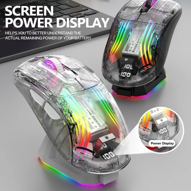 Alt view image 4 of 7 - Gaming Mouse with Transparent RGB Mechanical, Tri-Mode 2.4GHz/Bluetooth/Wired Mouse, Charging Base, Digital Display,Silent Mice, 7 Buttons, Computer Mouse for Gaming and Esports (White)