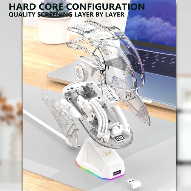 Alt view image 5 of 7 - Gaming Mouse with Transparent RGB Mechanical, Tri-Mode 2.4GHz/Bluetooth/Wired Mouse, Charging Base, Digital Display,Silent Mice, 7 Buttons, Computer Mouse for Gaming and Esports (White)
