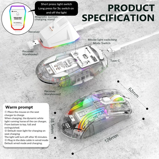 Alt view image 6 of 7 - Gaming Mouse with Transparent RGB Mechanical, Tri-Mode 2.4GHz/Bluetooth/Wired Mouse, Charging Base, Digital Display,Silent Mice, 7 Buttons, Computer Mouse for Gaming and Esports (White)