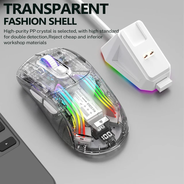 Alt view image 7 of 7 - Gaming Mouse with Transparent RGB Mechanical, Tri-Mode 2.4GHz/Bluetooth/Wired Mouse, Charging Base, Digital Display,Silent Mice, 7 Buttons, Computer Mouse for Gaming and Esports (White)