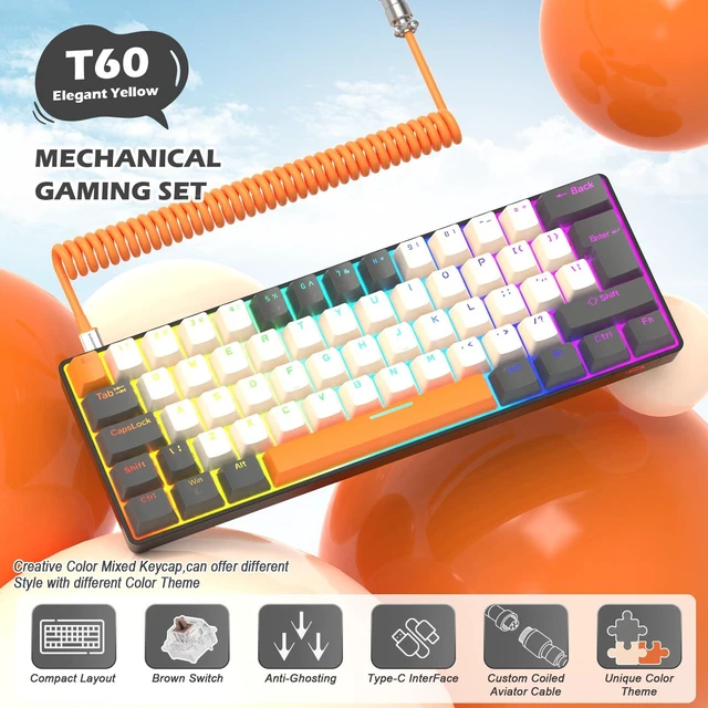 Alt view image 2 of 7 - Wired Mechanical Gaming Keyboard Mini Portable with Rainbow Backlit 62Key ABS Keycaps Anti-Ghosting Ergonomic Design Coiled Aviator Cable for PS4/PC/WIN Gamer(Yellow/Brown Switch