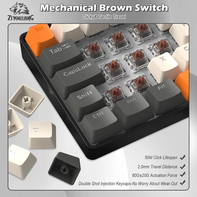 Alt view image 4 of 7 - Wired Mechanical Gaming Keyboard Mini Portable with Rainbow Backlit 62Key ABS Keycaps Anti-Ghosting Ergonomic Design Coiled Aviator Cable for PS4/PC/WIN Gamer(Yellow/Brown Switch
