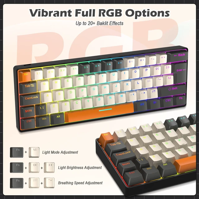 Alt view image 5 of 7 - Wired Mechanical Gaming Keyboard Mini Portable with Rainbow Backlit 62Key ABS Keycaps Anti-Ghosting Ergonomic Design Coiled Aviator Cable for PS4/PC/WIN Gamer(Yellow/Brown Switch