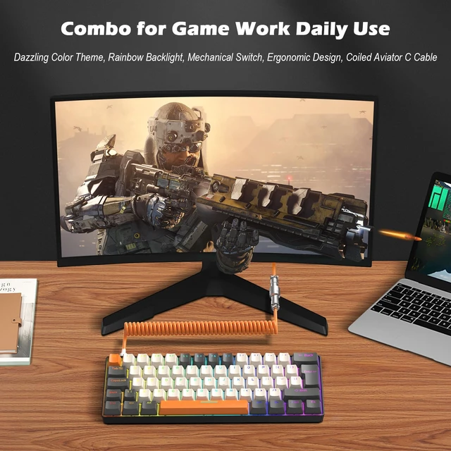 Alt view image 6 of 7 - Wired Mechanical Gaming Keyboard Mini Portable with Rainbow Backlit 62Key ABS Keycaps Anti-Ghosting Ergonomic Design Coiled Aviator Cable for PS4/PC/WIN Gamer(Yellow/Brown Switch