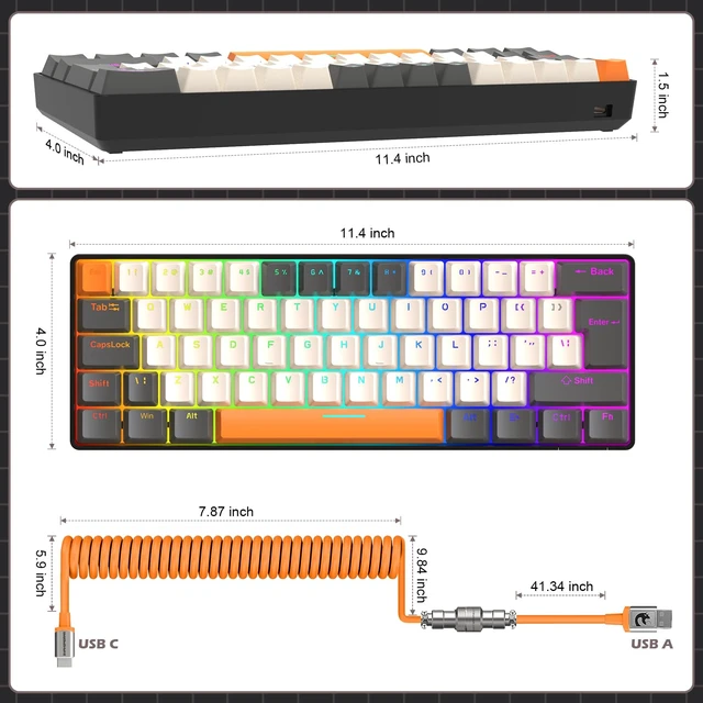 Alt view image 7 of 7 - Wired Mechanical Gaming Keyboard Mini Portable with Rainbow Backlit 62Key ABS Keycaps Anti-Ghosting Ergonomic Design Coiled Aviator Cable for PS4/PC/WIN Gamer(Yellow/Brown Switch