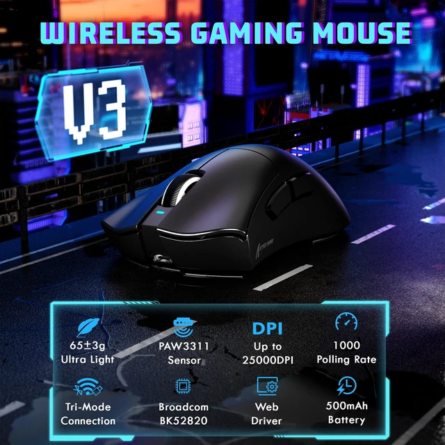 Alt view image 2 of 7 - Attack Shark V3 Lightweight Tri-Mode Wireless Gaming Mouse | PAW3311 Sensor UP to 25000 DPI Ergonomic Right Hand 62g 5 Programmable Buttons 500mAH 2.4Ghz/BT/USB-C Wired for PC/Mac-Black