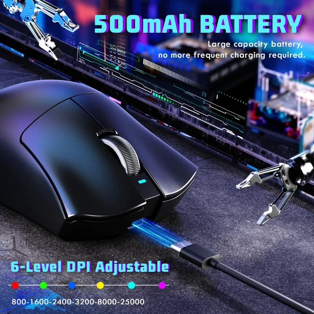 Alt view image 7 of 7 - Attack Shark V3 Lightweight Tri-Mode Wireless Gaming Mouse | PAW3311 Sensor UP to 25000 DPI Ergonomic Right Hand 62g 5 Programmable Buttons 500mAH 2.4Ghz/BT/USB-C Wired for PC/Mac-Black
