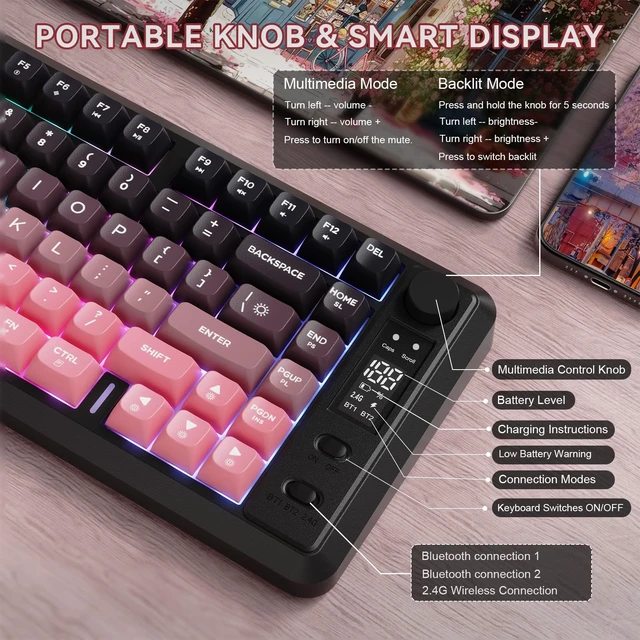 Alt view image 3 of 7 - Wireless Gaming Keyboard, 75% 82-Key Membrane,RGB-BlackBerry | Mechanical Feel, Smart Display & Knob, PBT Gradient Keycaps, 2.4G Wireless, Bluetooth, 2000mAh Battery for PC, MAC
