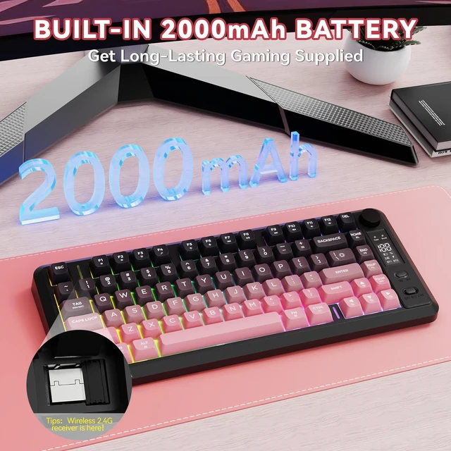 Alt view image 4 of 7 - Wireless Gaming Keyboard, 75% 82-Key Membrane,RGB-BlackBerry | Mechanical Feel, Smart Display & Knob, PBT Gradient Keycaps, 2.4G Wireless, Bluetooth, 2000mAh Battery for PC, MAC