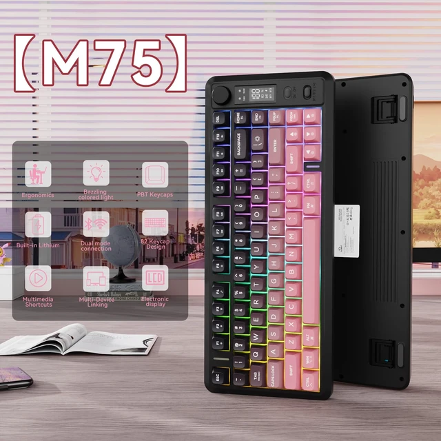 Alt view image 5 of 7 - Wireless Gaming Keyboard, 75% 82-Key Membrane,RGB-BlackBerry | Mechanical Feel, Smart Display & Knob, PBT Gradient Keycaps, 2.4G Wireless, Bluetooth, 2000mAh Battery for PC, MAC