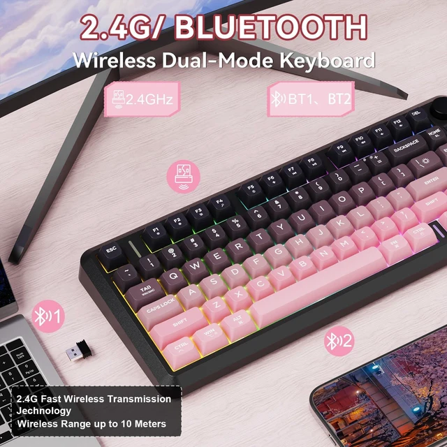 Alt view image 6 of 7 - Wireless Gaming Keyboard, 75% 82-Key Membrane,RGB-BlackBerry | Mechanical Feel, Smart Display & Knob, PBT Gradient Keycaps, 2.4G Wireless, Bluetooth, 2000mAh Battery for PC, MAC