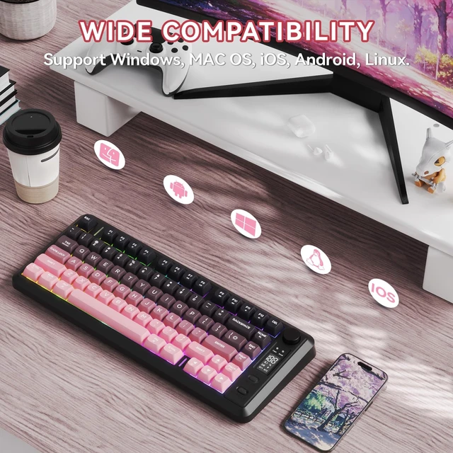 Alt view image 7 of 7 - Wireless Gaming Keyboard, 75% 82-Key Membrane,RGB-BlackBerry | Mechanical Feel, Smart Display & Knob, PBT Gradient Keycaps, 2.4G Wireless, Bluetooth, 2000mAh Battery for PC, MAC