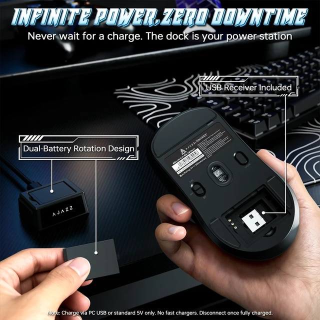 Alt view image 2 of 7 - AJ159V2MC Wireless Gaming Mouse,Ultra-Light 54g,24,000 DPI PAW3311 Sensor,Tri-Mode (2.4GHz/USB-C/BT 5.0),Dual Swappable 300mAh Batteries,1KHz Polling Rate,PC Gamer Mouse for FPS Black