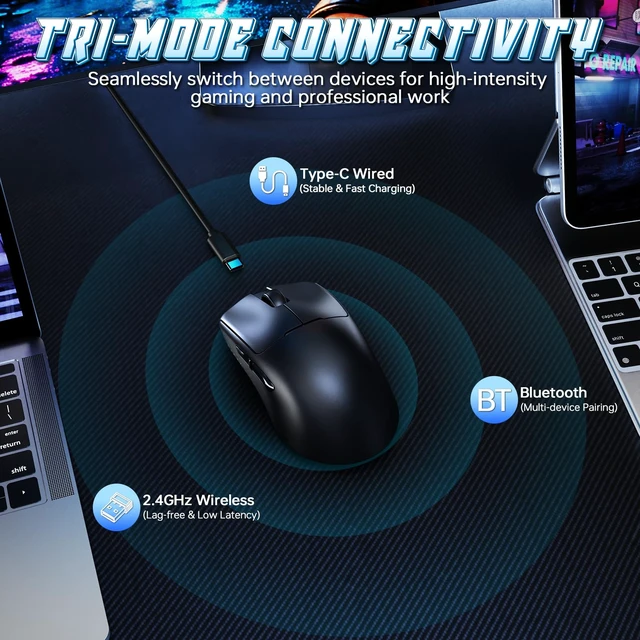 Alt view image 3 of 7 - AJ159V2MC Wireless Gaming Mouse,Ultra-Light 54g,24,000 DPI PAW3311 Sensor,Tri-Mode (2.4GHz/USB-C/BT 5.0),Dual Swappable 300mAh Batteries,1KHz Polling Rate,PC Gamer Mouse for FPS Black