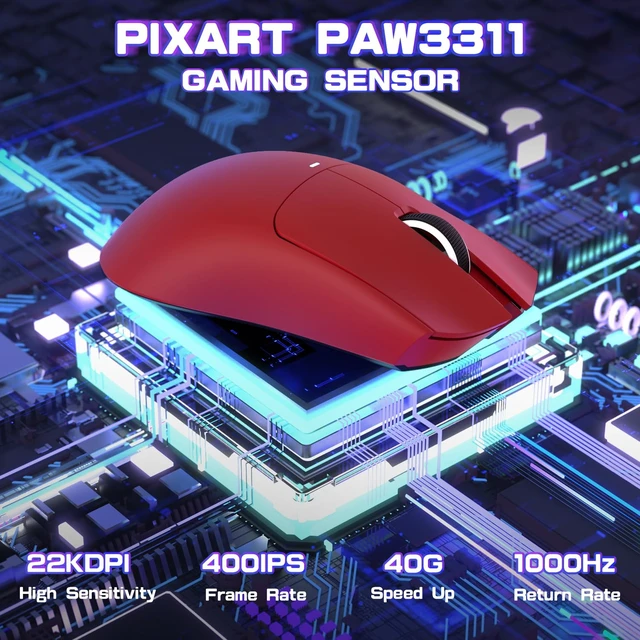 Alt view image 4 of 7 - SE Ultra-Light Wireless Gaming Mouse, Red | Tri-Modes BT5.2/Type-C Wired/2.4G, PixArt PAW3311 Gaming Sensor, 22KDPI, 5 Programmable Buttons, For Laptop, PC, Mac Gamer
