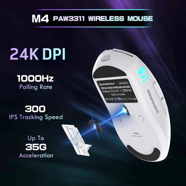 Alt view image 3 of 7 - M4 52g Lightweight PAW3311 Sensor Tri-Mode Wireless Gaming Mouse | Adjustable 24000 DPI RGB Lighting 20M Clicks 5 Programmable Buttons 400mAh 2.4G/BT/USB-C Wired Computer Mice for PC/Mac-White