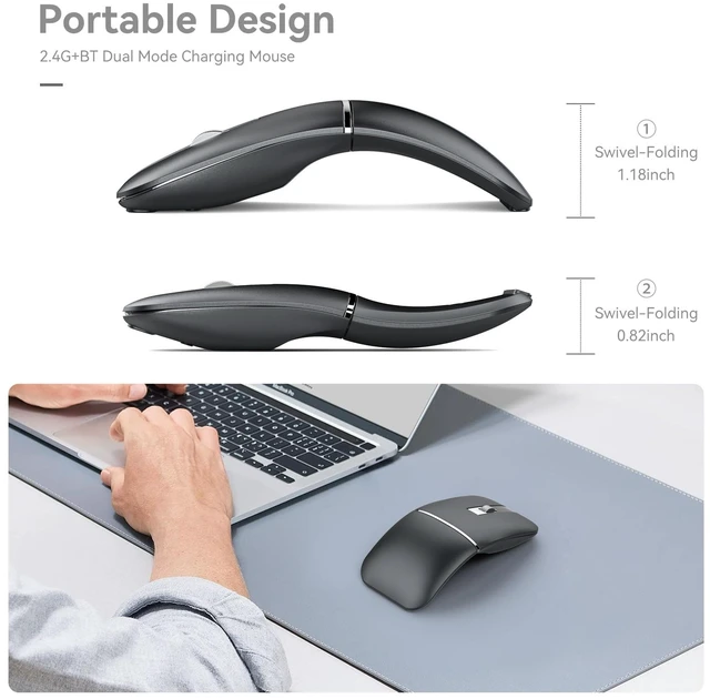 Alt view image 5 of 7 - 180° Flip Ultra-Thin Wireless Mouse, Bluetooth 5.0 & 2.4GHz Rechargeable Silent Travel Mouse, Ergonomic Rotatable Design for Laptop, PC, MacBook, Chromebook