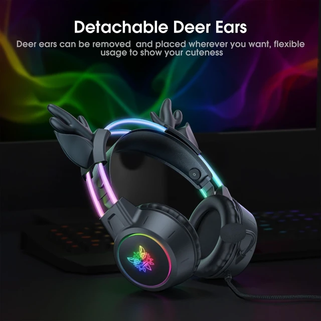 Alt view image 2 of 7 - Lightweight Gaming Headset, RGB Lighting, Wired Over Ear Headphones with Mic for PC Laptop PS4 PS5 Switch, Stereo Surround Sound, Self-Adjusting Headband, Black Deer Ear